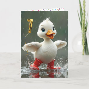 Weißes Duckeln am 1. Geburtstag in einer Regenpupp Karte