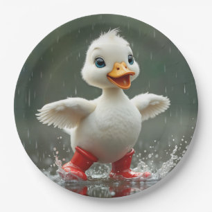 Weißes Duckling in einer Regenpuppe Pappteller