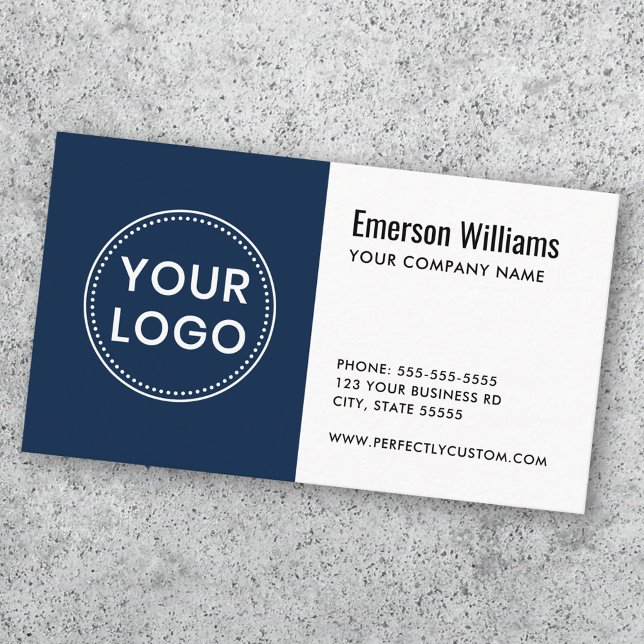 Weißes dunkelblaues Logo, modern minimalistisch Visitenkarte (White dark blue custom logo modern minimalist business card)