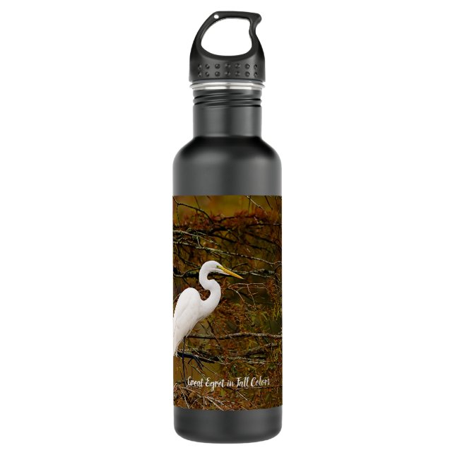 Weißes Egret in Herbstfarben Wasser Flasche Edelstahlflasche (Vorderseite)