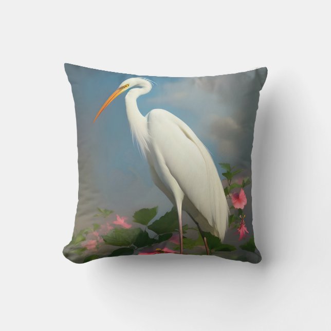 Weißes Egret mit Hibiskus Kissen (Vorderseite)