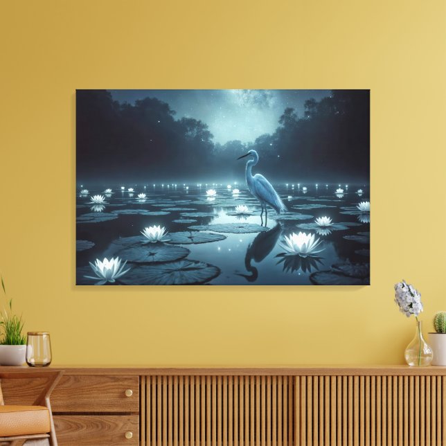 Weißes Egret und Wasserlilie in einem Teich Leinwanddruck (Insitu (Wohnzimmer))