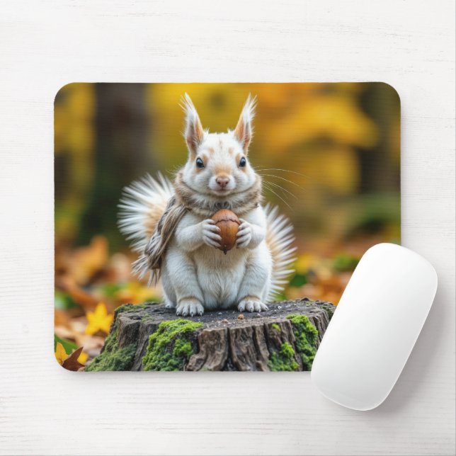 Weißes Eichhörnchen im Herbst auf einem Baumstumpf Mousepad (Mit Mouse)