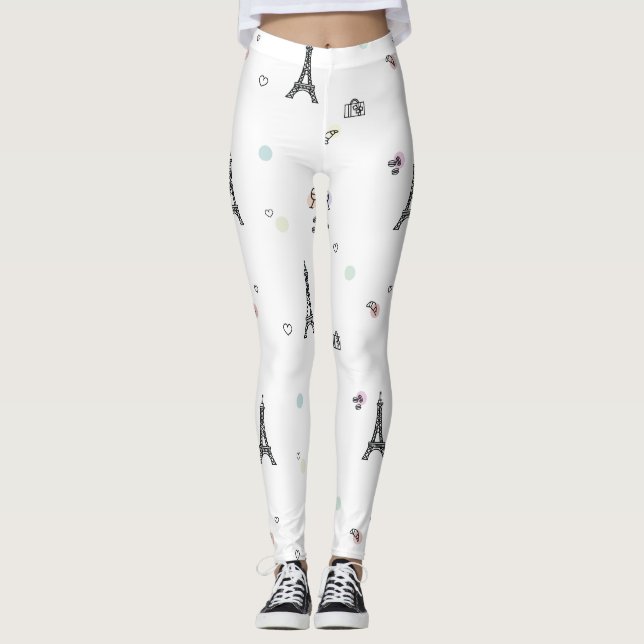 Weißes Eiffelturm-Muster Paris Frankreich Leggings (Vorderseite)