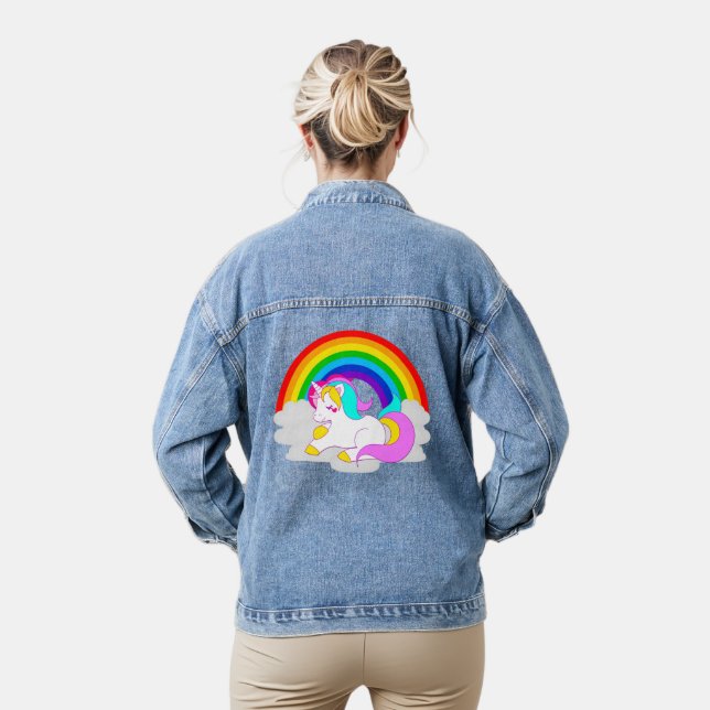 Weißes Einhorn auf Cloud Rainbow Women's Jeansjacke (Modell)