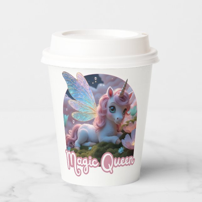Weißes Einhorn mit Flügeln - Magic Queen Pappbecher (Vorderseite)