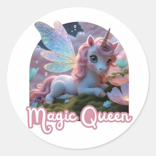 Weißes Einhorn mit Flügeln - Magic Queen Runder Aufkleber (Vorderseite)