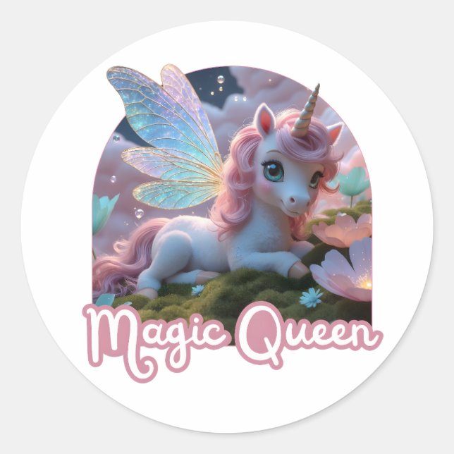 Weißes Einhorn mit Flügeln - Magic Queen Runder Aufkleber (Vorderseite)