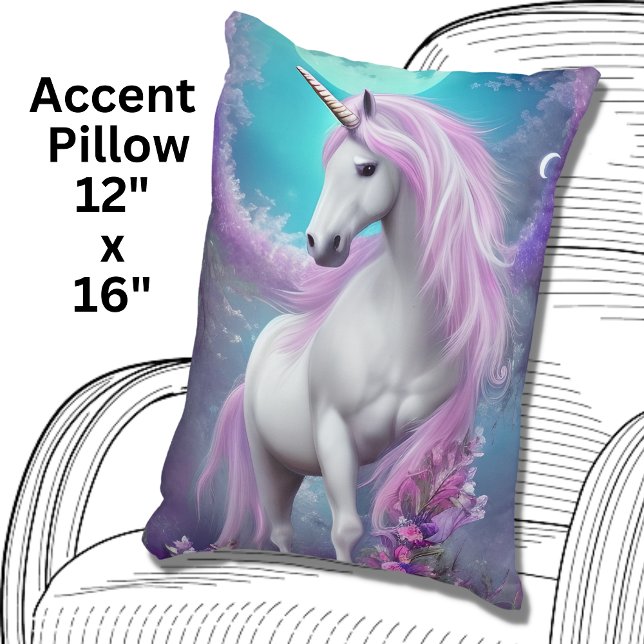 Weißes Einhorn mit violetten Blumen und Mond Dekokissen (Von Creator hochgeladen)