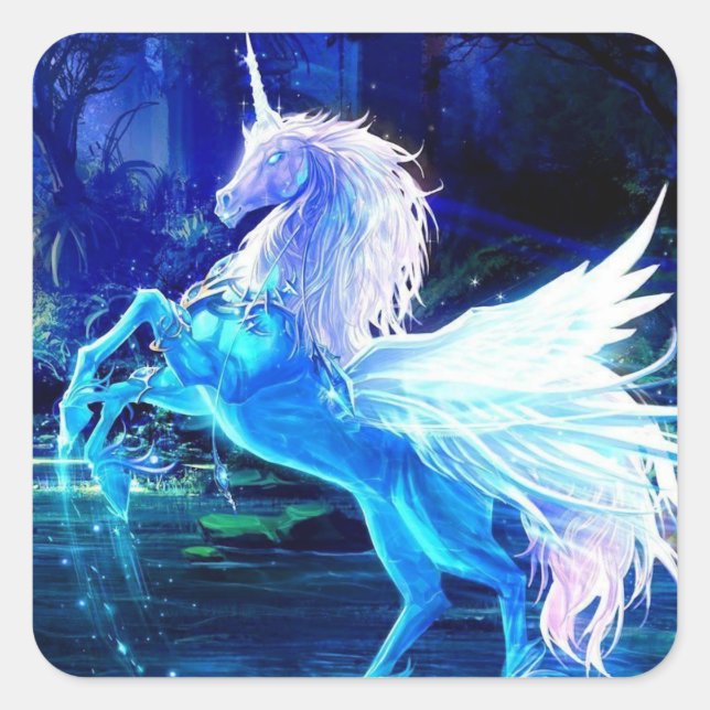 Weißes Einhorn Pegasus Blauer Mondlicht Quadratischer Aufkleber (Vorderseite)