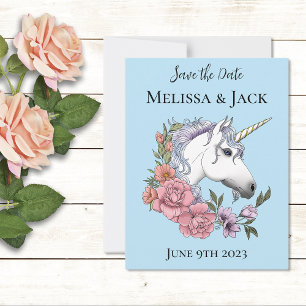 Weißes Einhorn Rosa Blume Blau Save The Date