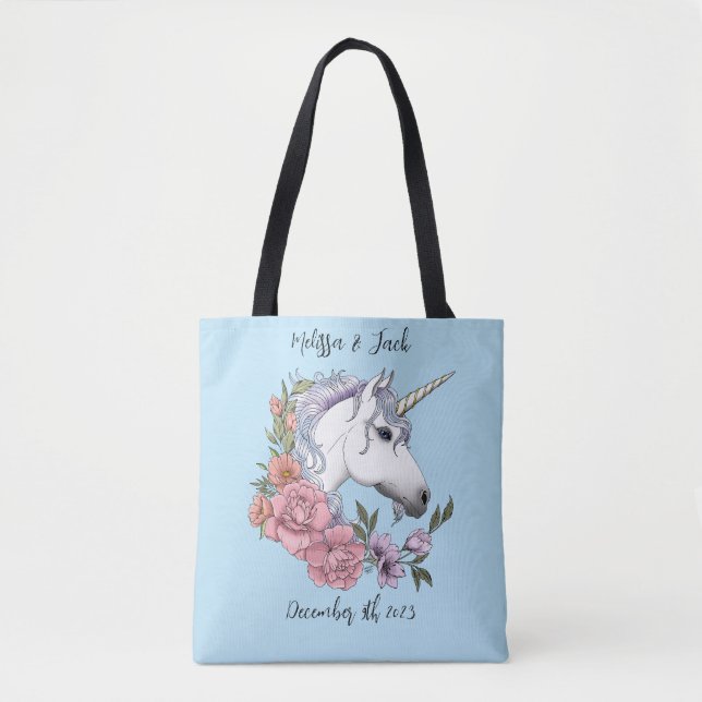 Weißes Einhorn Rosa Blume Blau Tasche (Vorderseite)
