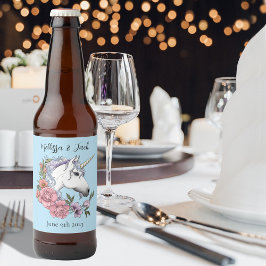 Weißes Einhorn Rosa Blume Blaue Hochzeit Bierflaschenetikett
