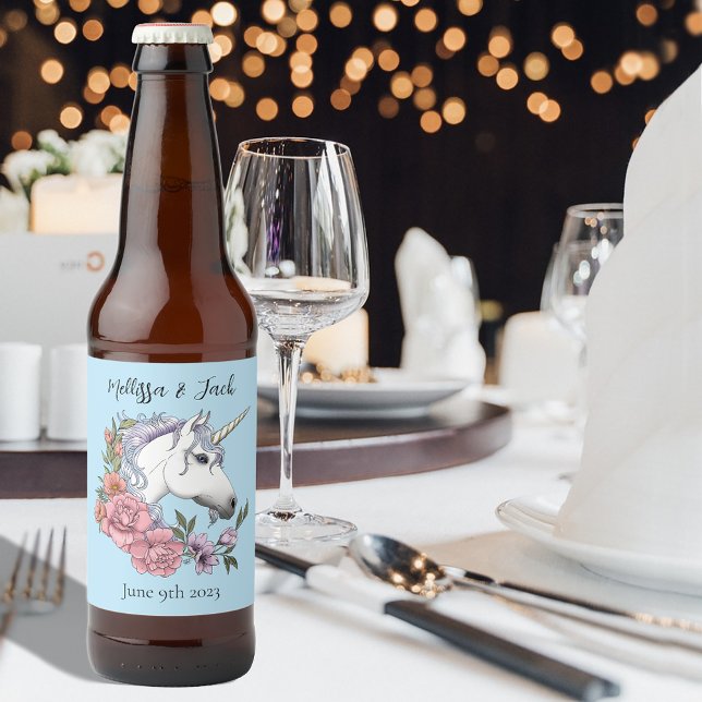 Weißes Einhorn Rosa Blume Blaue Hochzeit Bierflaschenetikett (Von Creator hochgeladen)