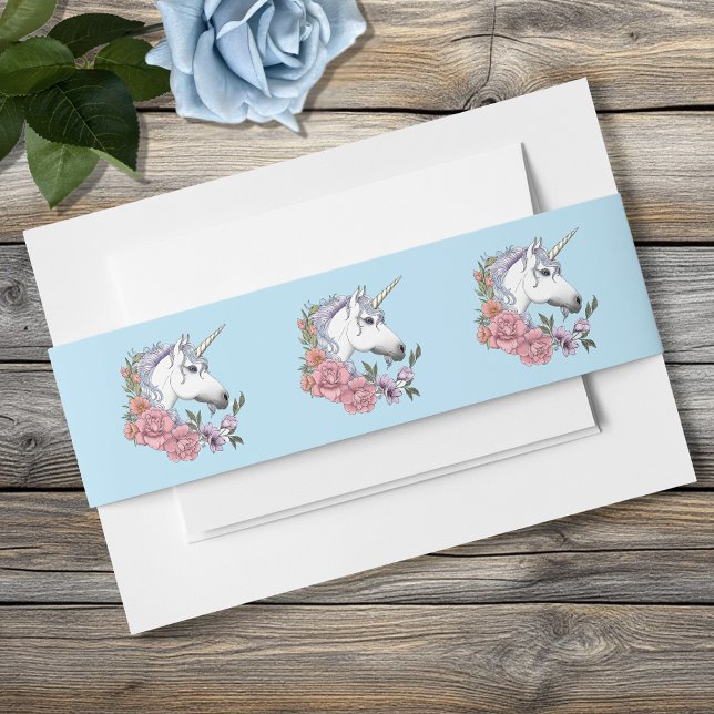 Weißes Einhorn Rosa Blume Blaue Hochzeit Einladungsbanderole (Von Creator hochgeladen)