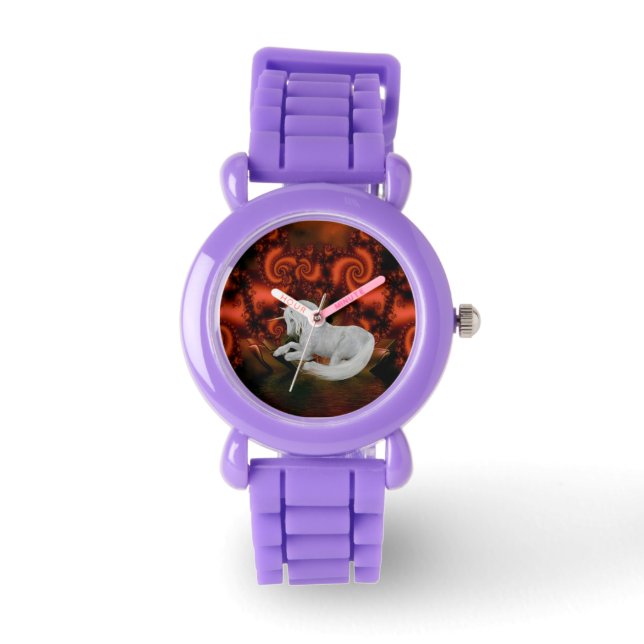 Weißes Einhorn Rotes Fraktal Armbanduhr (Vorderseite)
