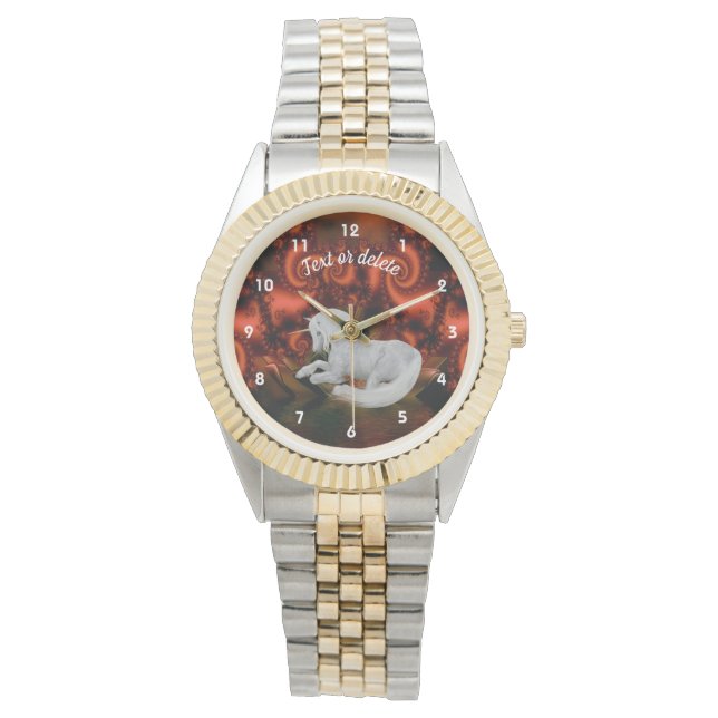 Weißes Einhorn Rotes Fraktal Personalisierte Tiera Armbanduhr (Vorderseite)