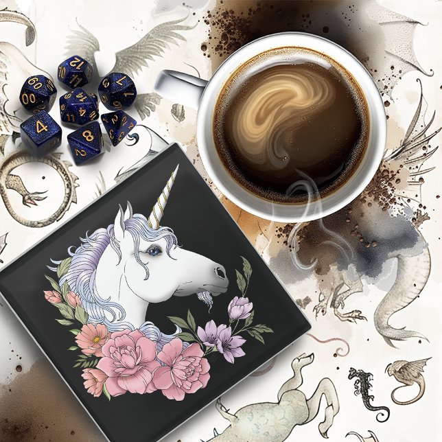 Weißes Einhorn und Blume Glasuntersetzer (Von Creator hochgeladen)