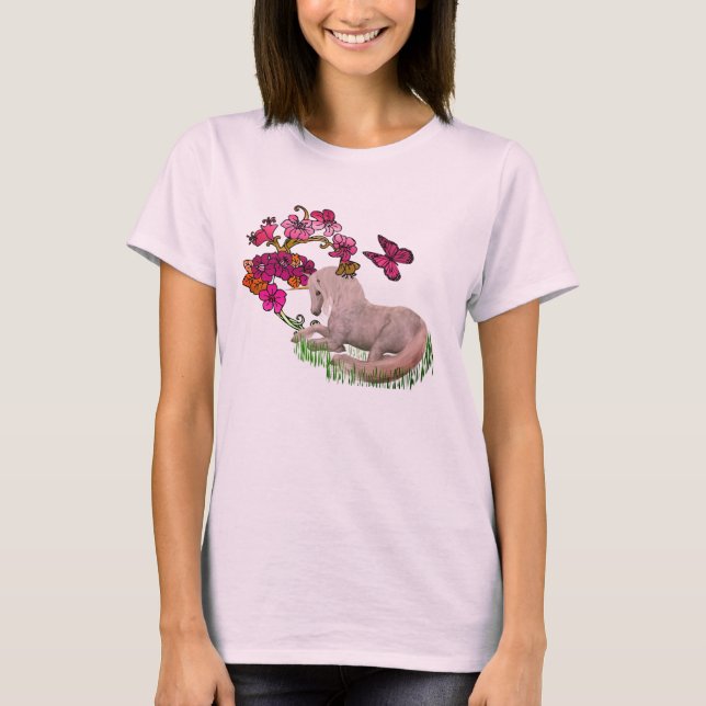 Weißes Einhorn und Blume T-Shirt (Vorderseite)