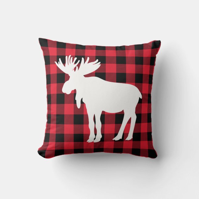 Weißes Elch auf Red Buffalo Karo Throw Kissen (Vorderseite)