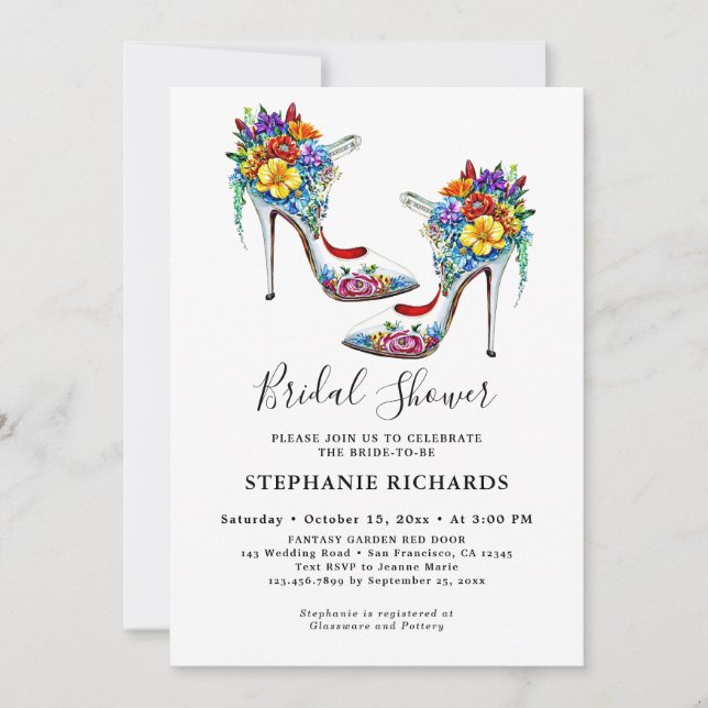 Weißes elegantes Brautparty mit Blumenschuh Einladung (Vorderseite)
