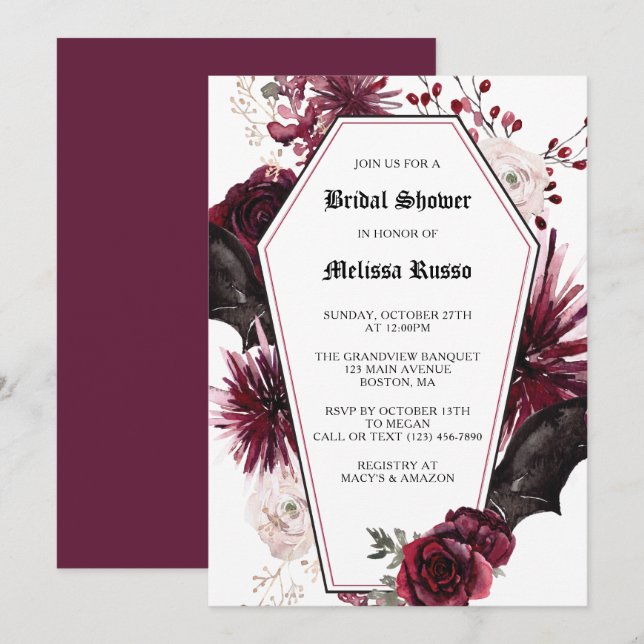 Weißes elegantes Gotisches Rose Coffin Brautparty Einladung (Vorne/Hinten)