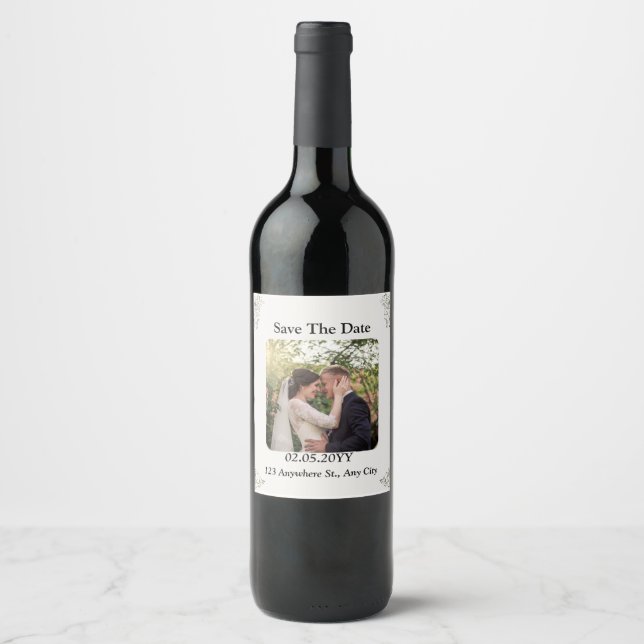 Weißes, elegantes Save the Date Weinlabel Weinetikett (Vorderseite)