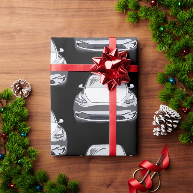 weißes Elektrofahrzeug SUV Auto schwarzer Hintergr Geschenkpapier (Feiertagsgeschenk)