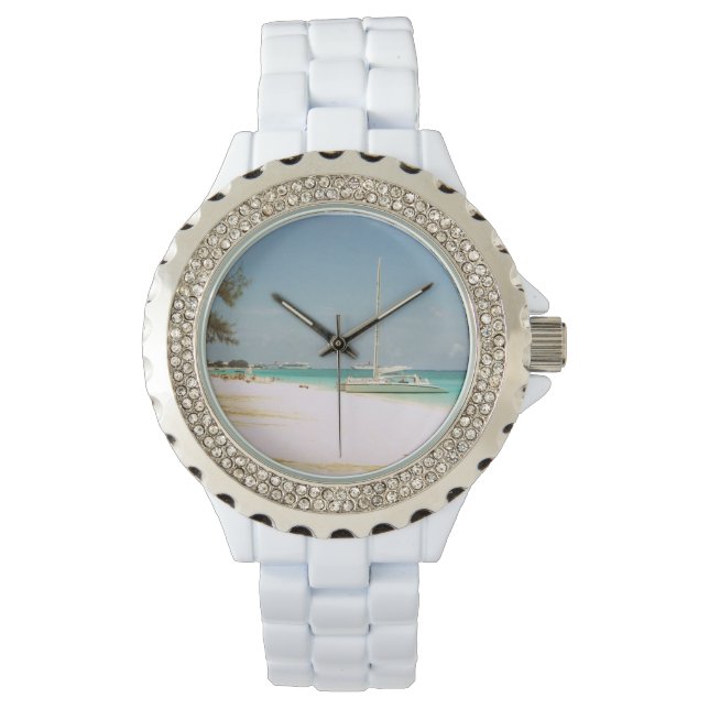 Weißes Emailluhr mit Stranddesign Armbanduhr (Vorderseite)