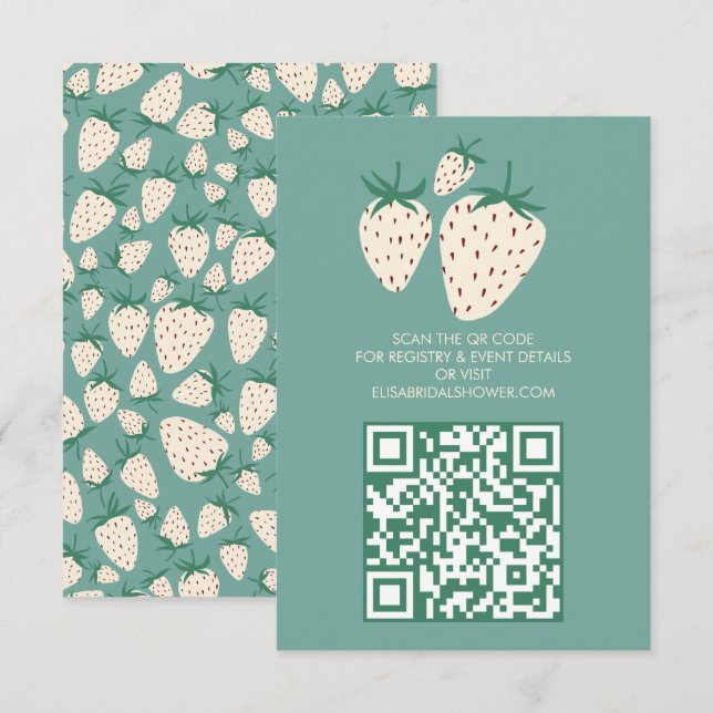 Weißes Erdbeeren Pineberry BRAUTPARTY QR-Code Begleitkarte (Vorne/Hinten)