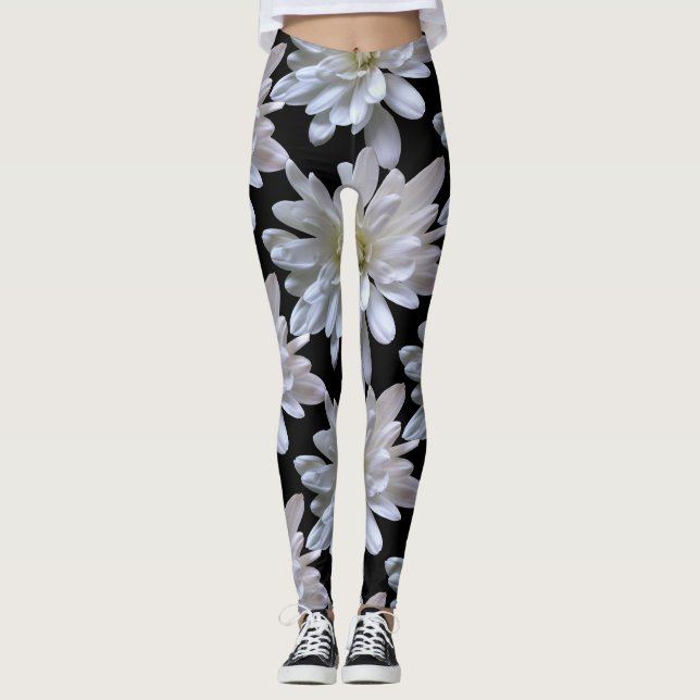 Weißes Farbmuster, weiße Blume Leggings (Vorderseite)