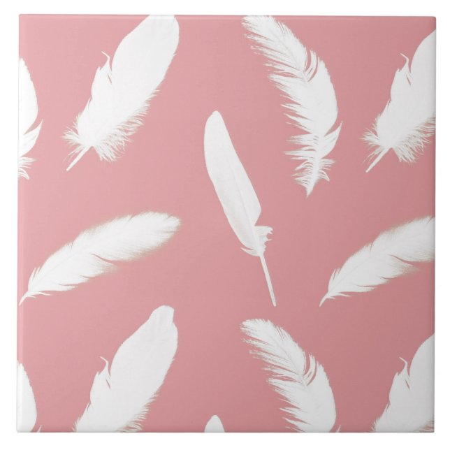Weißes Federprint auf Muschel pink Fliese (Vorderseite)