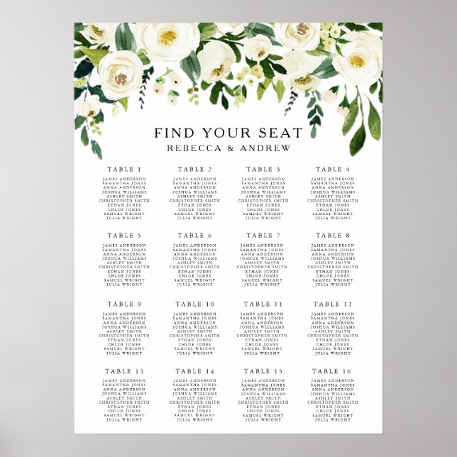 Weißes, florales elegantes Hochzeitsdiagramm Poster (Vorne)