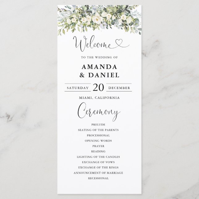 Weißes Florales Hochzeitsprogramm Programm (Vorderseite)