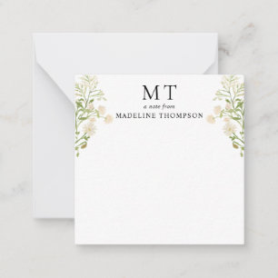 Weißes florales Wildblumen-Klassik-Monogramm-Quadr Mitteilungskarte