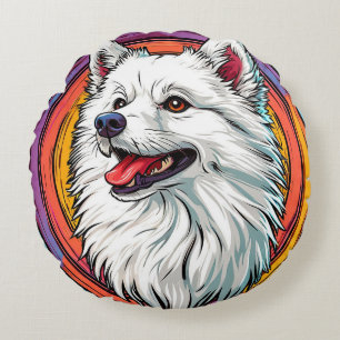 Weißes Fluffiges Hundeportrait 🐾  Künstlerischer  Rundes Kissen