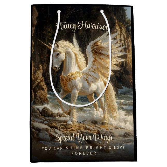 Weißes Flügeldrachen Einhorn Mythisches Ozeanfanta Mittlere Geschenktüte (Vorderseite)