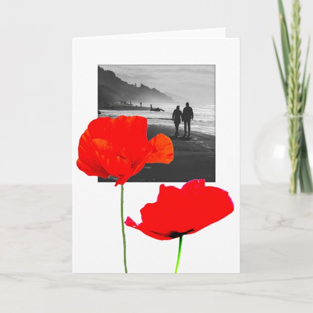 Weißes Foto-Feld mit Mohnblumen ErinnerungsBeileid Dankeskarte (Vorderseite)