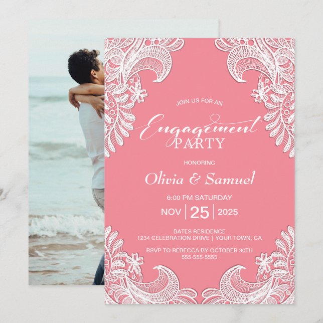 Weißes Foto Pink - Engagement-Partei Einladung (Vorne/Hinten)