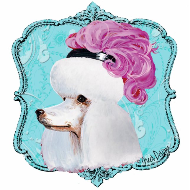 Weißes französisches Poodle in einer Hutskulptur Fotoskulptur Ornament (Vorne)