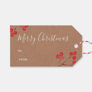 Weißes "Frohe Weihnachten" Kraftpapier und Berrie Geschenkanhänger