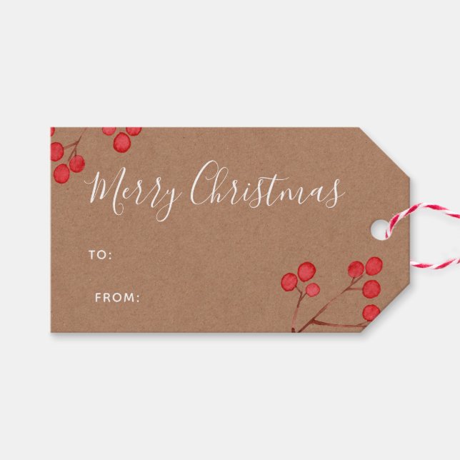 Weißes "Frohe Weihnachten" Kraftpapier und Berries Geschenkanhänger (Vorderseite (Horizontal))
