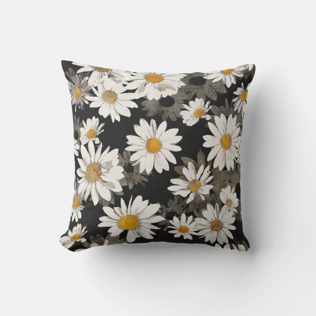 Weißes Gänseblümchen-Blumen auf Schwarzem Kissen (Vorderseite)
