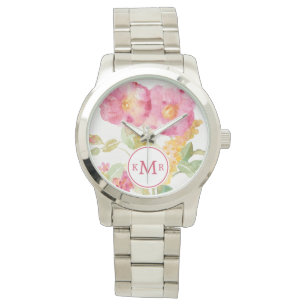 Weißes Gänseblümchen des Monogramm-  auf Blau Armbanduhr