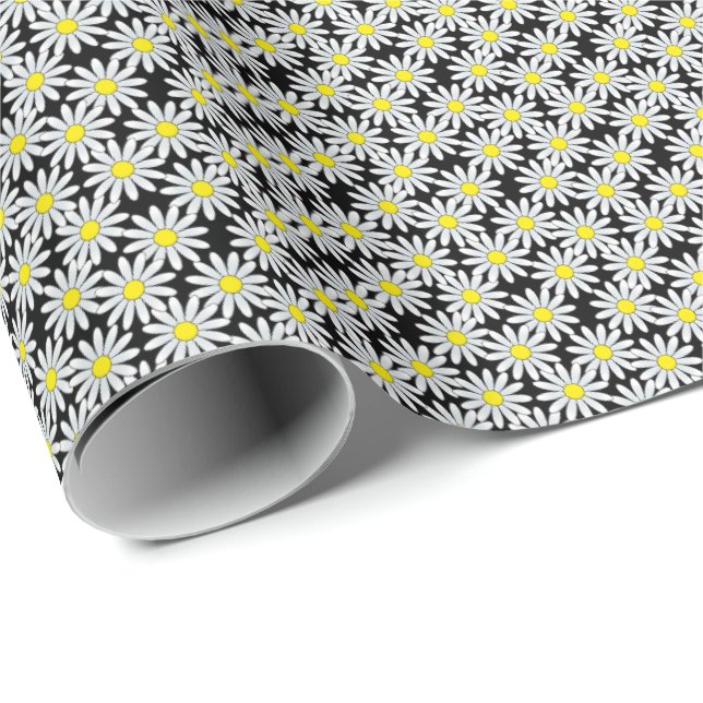 Weißes Gänseblümchen-Muster auf schwarzem Geschenkpapier (Rolleneckpunkt)