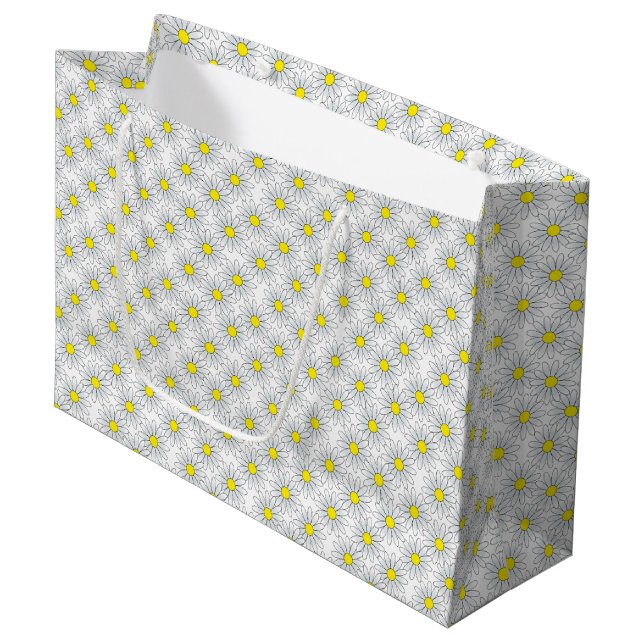 Weißes Gänseblümchen-Muster auf weißer großer Große Geschenktüte (Vorderseite Schrägansicht)