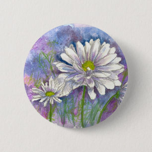 Weißes Gänseblümchenwatercolor-Blumen-Malerei Button