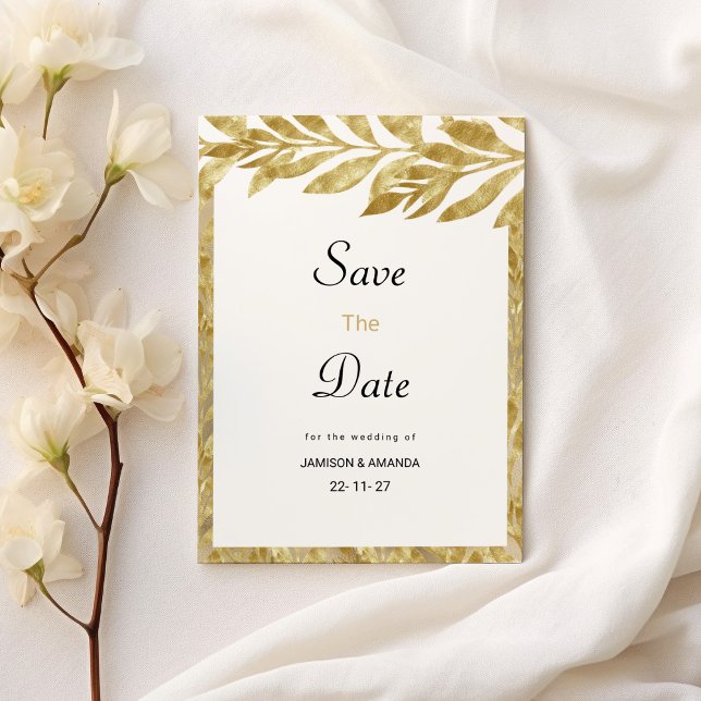 Weißes Gold verlasst Eleganz und Blumen Save the D Einladung (White gold leaves elegance floral Save The Date )