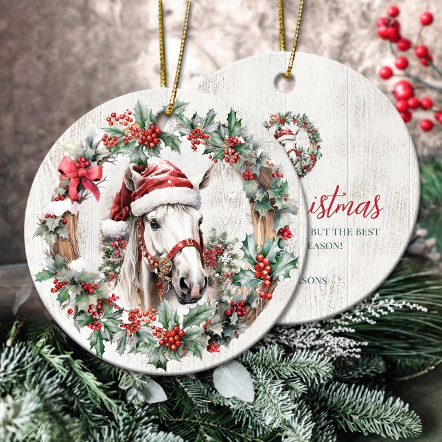 Weißes Graupferd Weihnachtsbaumholz Keramik Ornament (White grey horse Christmas holly berry wreath wood Ceramic Ornament)