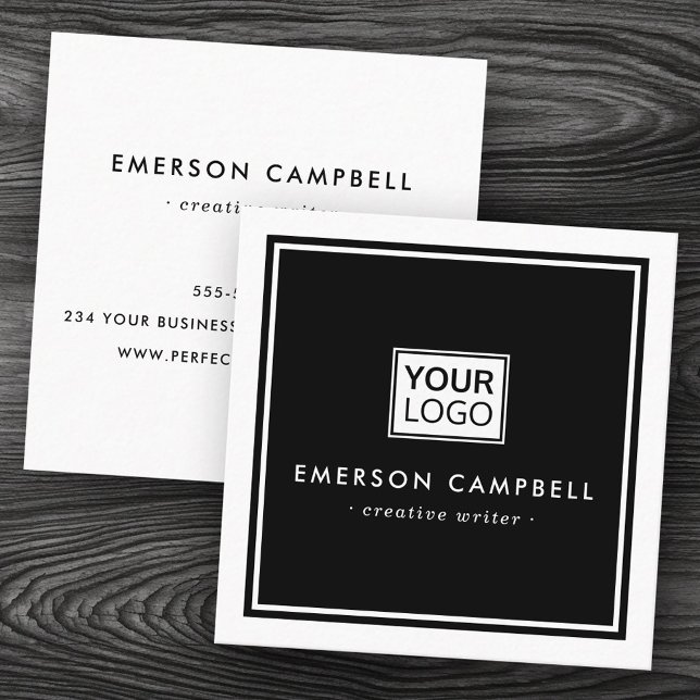 Weißes Grenz-Logo schwarz minimalistisch Quadratische Visitenkarte (White border custom logo black minimalist square business card)